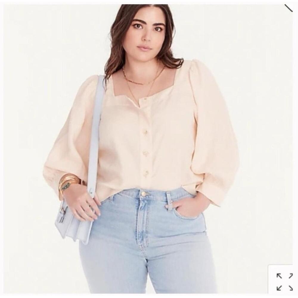 JCrew Womens Linen Button Up Square Neck Top Beige Cottage Romantic Euro Summer - Picture 2 of 7